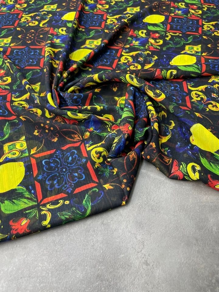 Limonlu Özbek Desen Elbiselik Şifon Kumaş