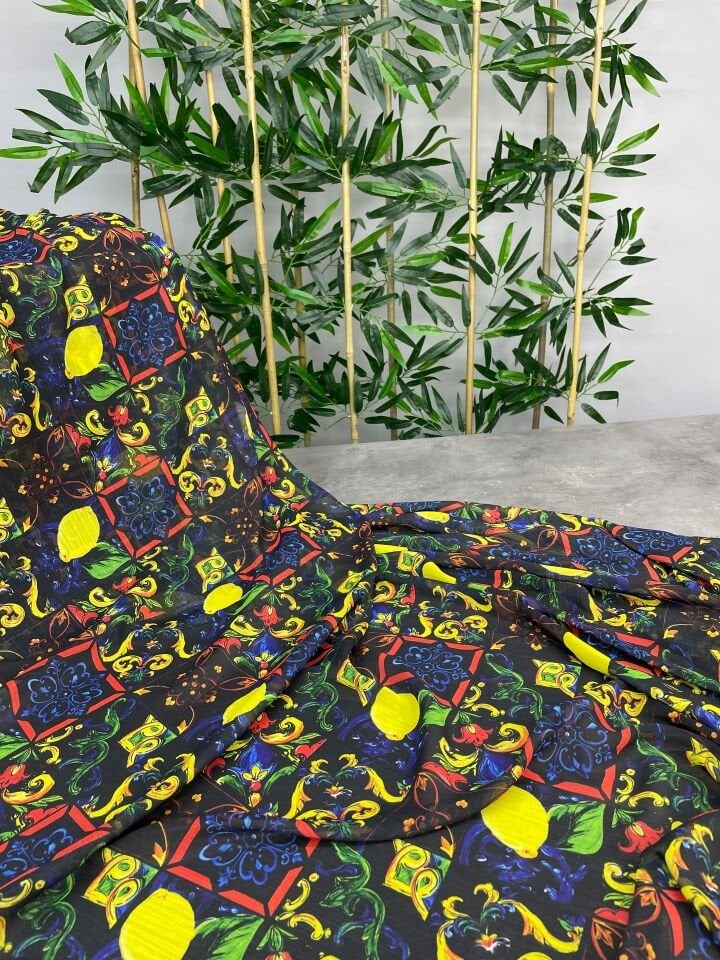 Limonlu Özbek Desen Elbiselik Şifon Kumaş