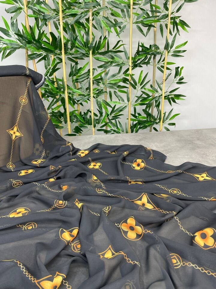 Siyah Leo Desen Elbiselik Şifon Kumaş