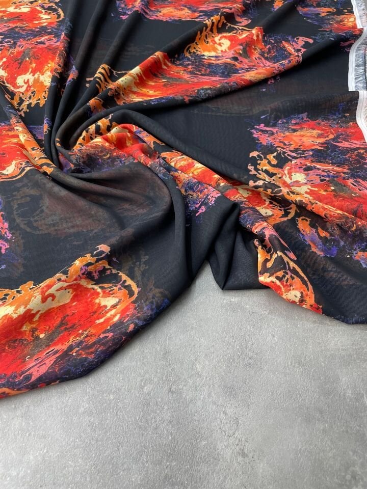 Turuncu Desen Elbiselik Şifon Kumaş