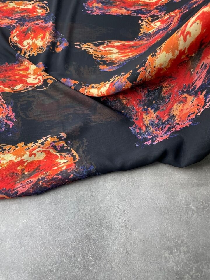 Turuncu Desen Elbiselik Şifon Kumaş