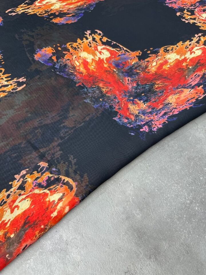 Turuncu Desen Elbiselik Şifon Kumaş