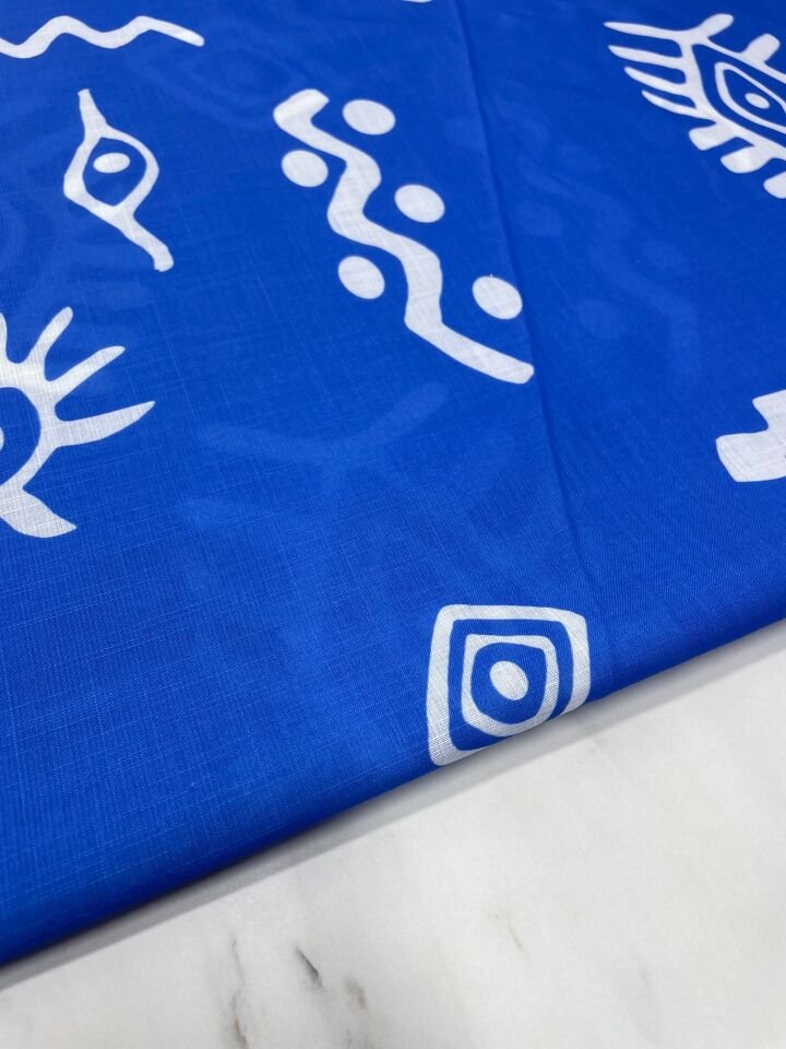 Mavi Özbek Desen Elbiselik Keten Kumaş