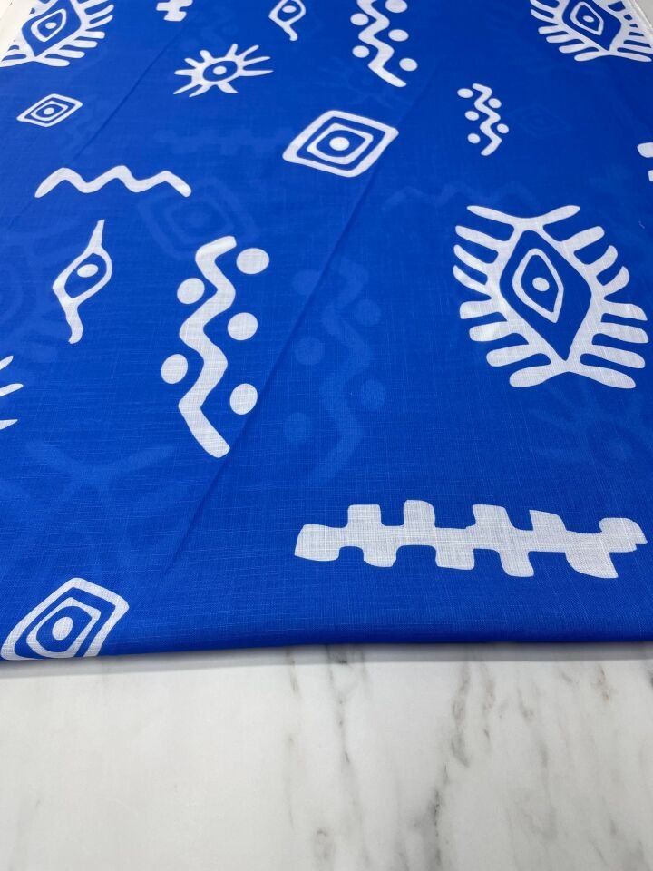 Mavi Özbek Desen Elbiselik Keten Kumaş