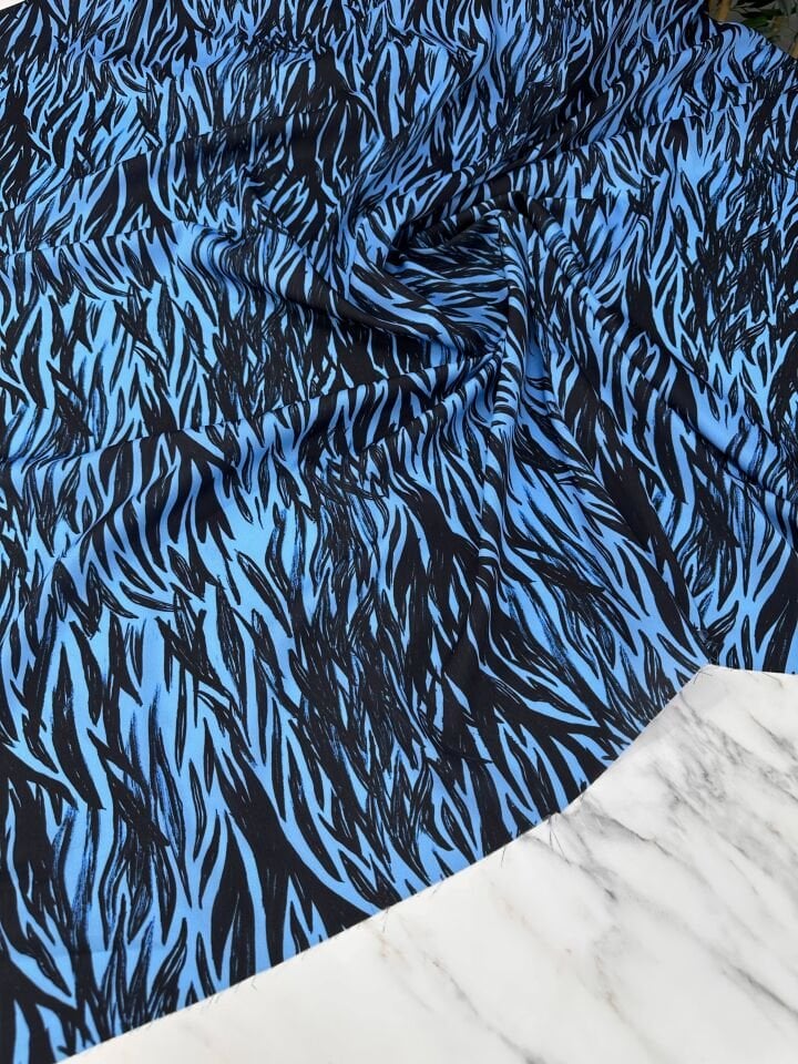 Mavi Zebra Desen Elbiselik Gömleklik Krep Kumaş