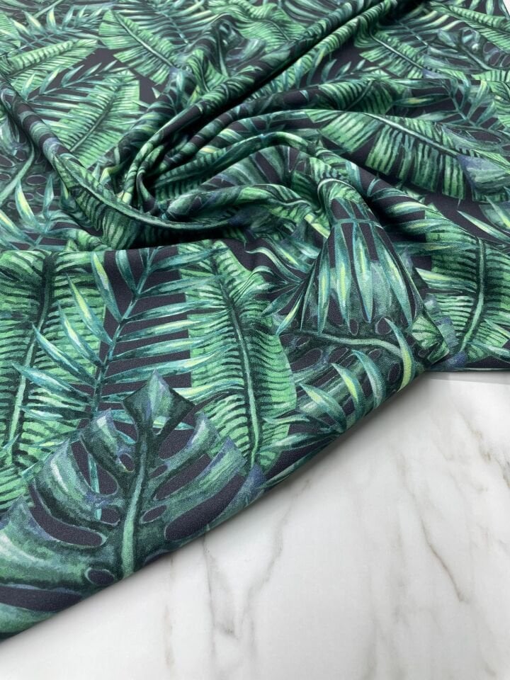 Yeşil Yaprek desen Elbiselik Keten Kumaş