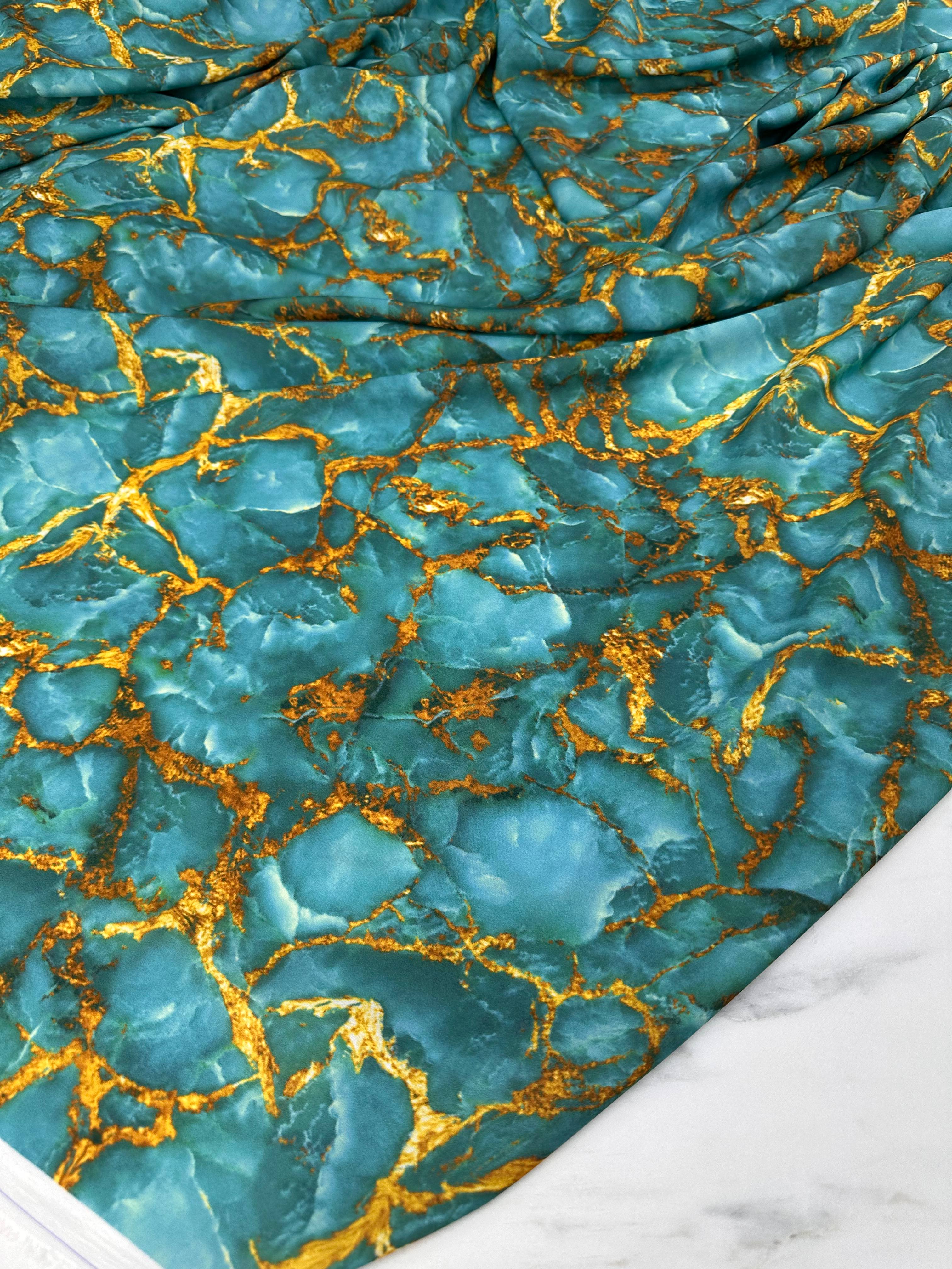 Turkuaz Mermer Desen Elbiselik Gömleklik Krep Kumaş