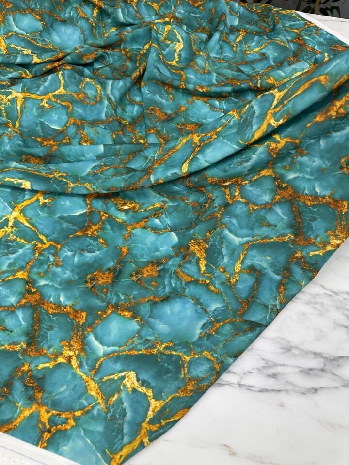 Turkuaz Mermer Desen Elbiselik Gömleklik Krep Kumaş