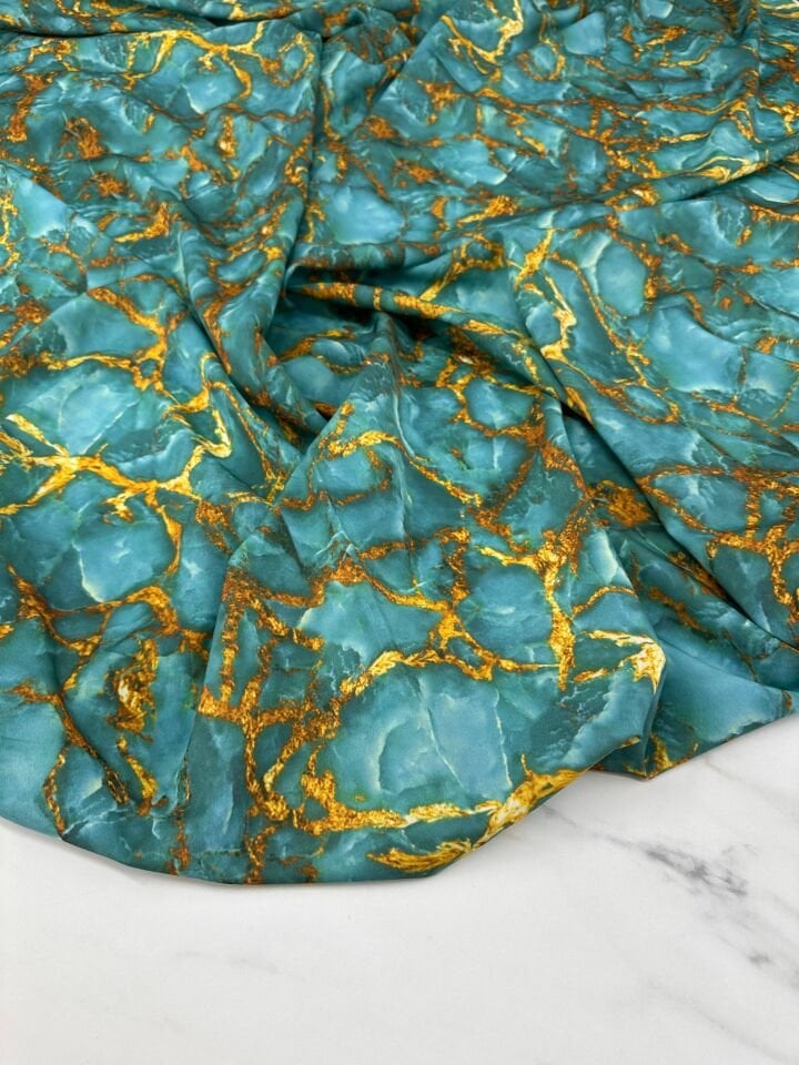 Turkuaz Mermer Desen Elbiselik Gömleklik Krep Kumaş