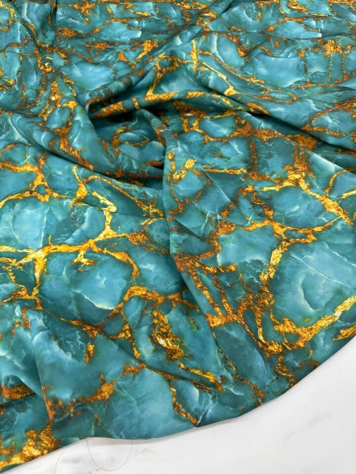 Turkuaz Mermer Desen Elbiselik Gömleklik Krep Kumaş