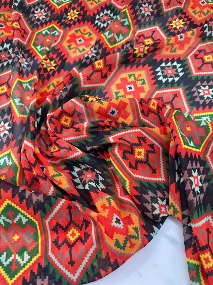 İkat Desen Şifon Kumaş Elbise Etek Gömlek Şal