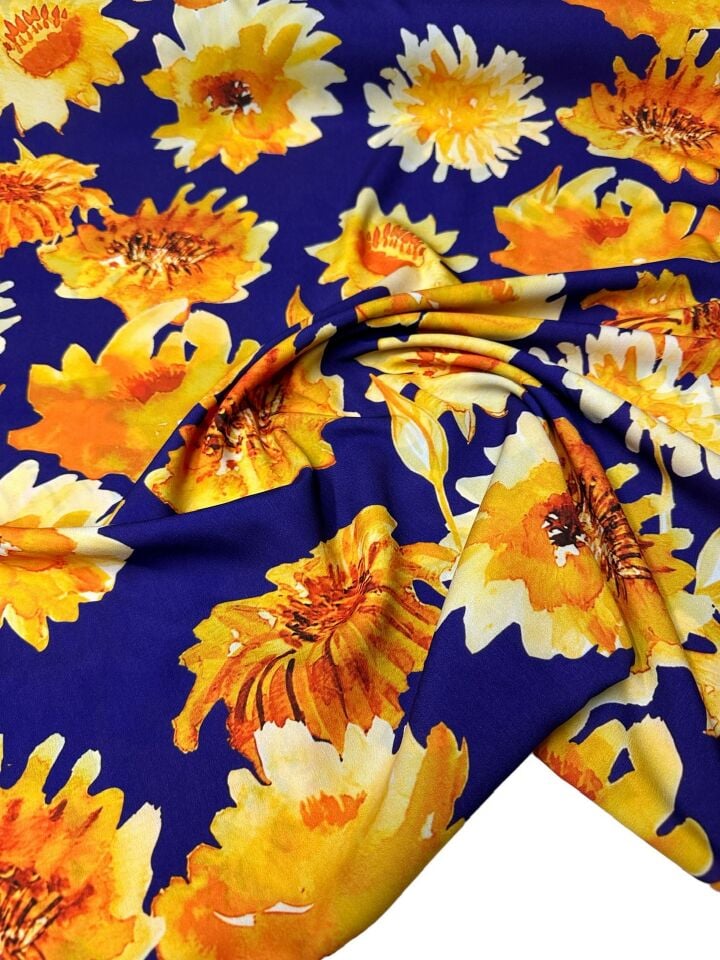 Sarı Çiçek Desen Elbiselik Gömleklik Krep Kumaş