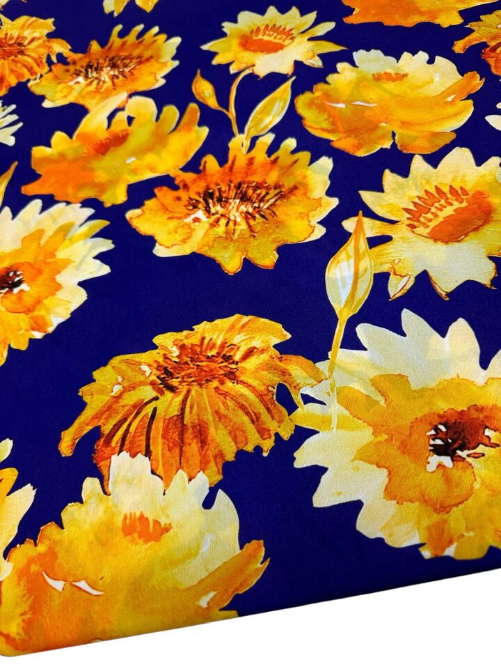 Sarı Çiçek Desen Elbiselik Gömleklik Krep Kumaş