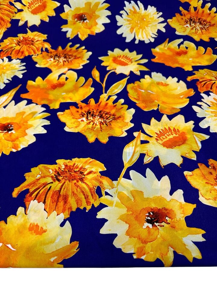 Sarı Çiçek Desen Elbiselik Gömleklik Krep Kumaş