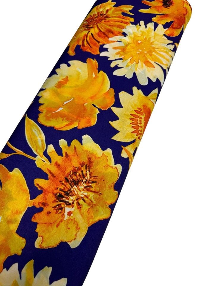 Sarı Çiçek Desen Elbiselik Gömleklik Krep Kumaş