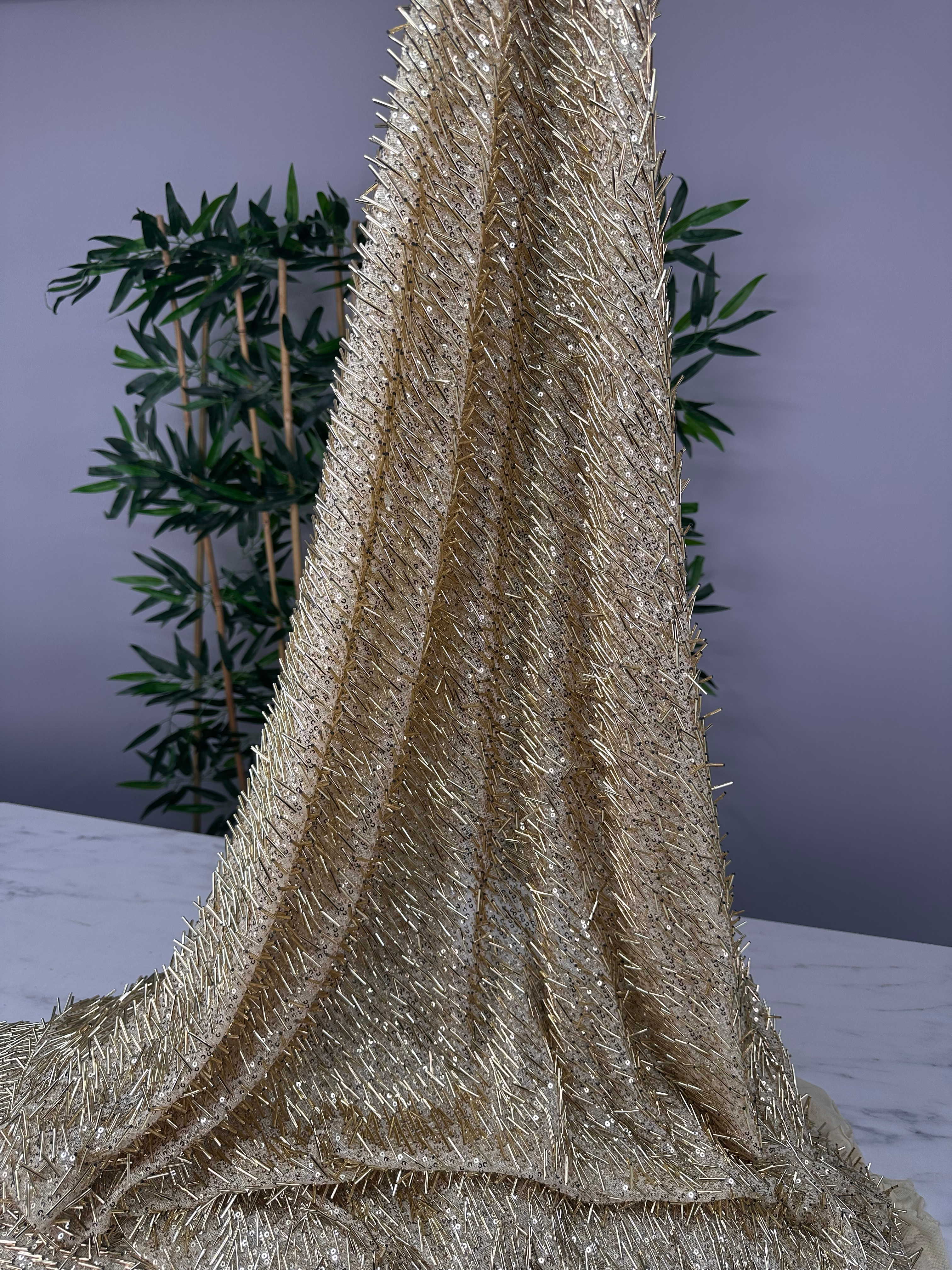 Fantazi Ürün Sarı Pul Boru İşlem Abiye Elbise Şalvar Bluz