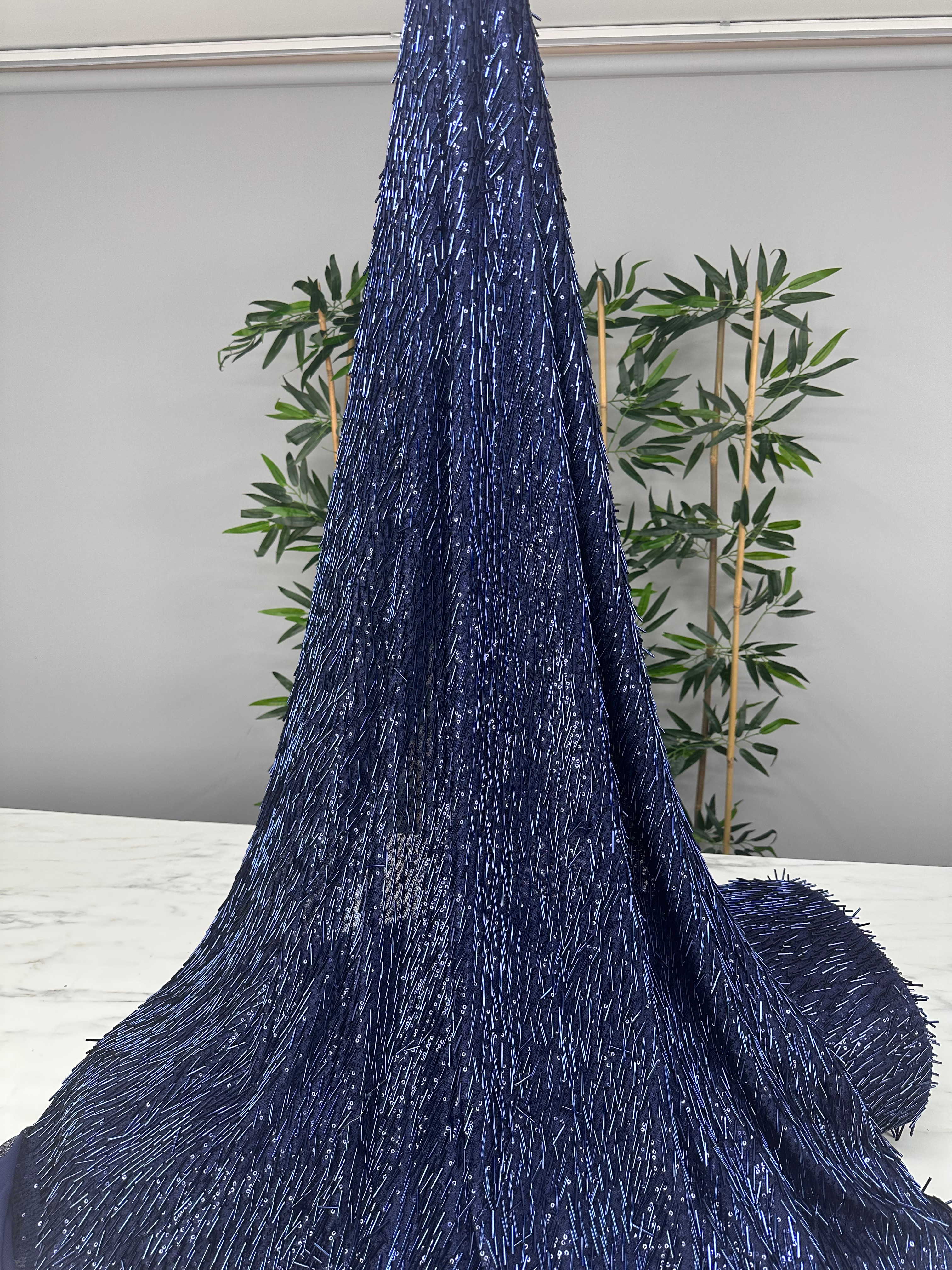 Fantazi Ürün Lacivert Pul Boru İşleme Abiye Elbise Bluz Şalvar