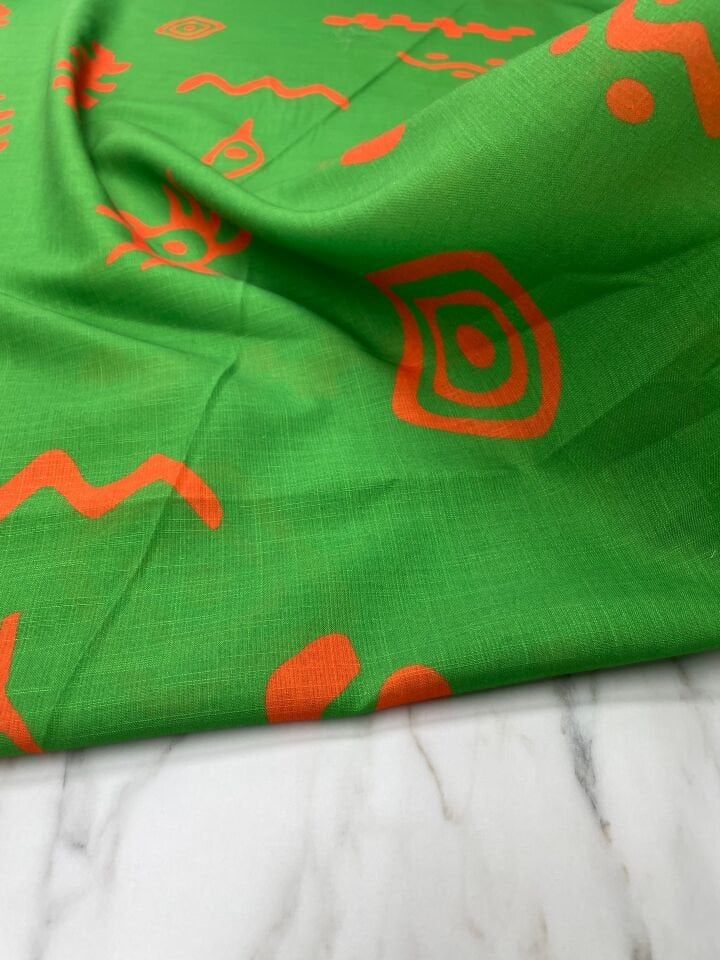 Yeşil İkat Desen Elbiselik Keten Kumaş