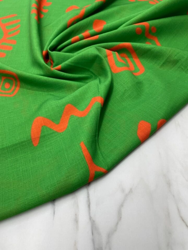 Yeşil İkat Desen Elbiselik Keten Kumaş