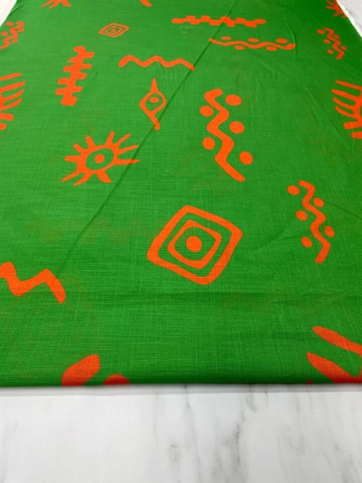 Yeşil İkat Desen Elbiselik Keten Kumaş