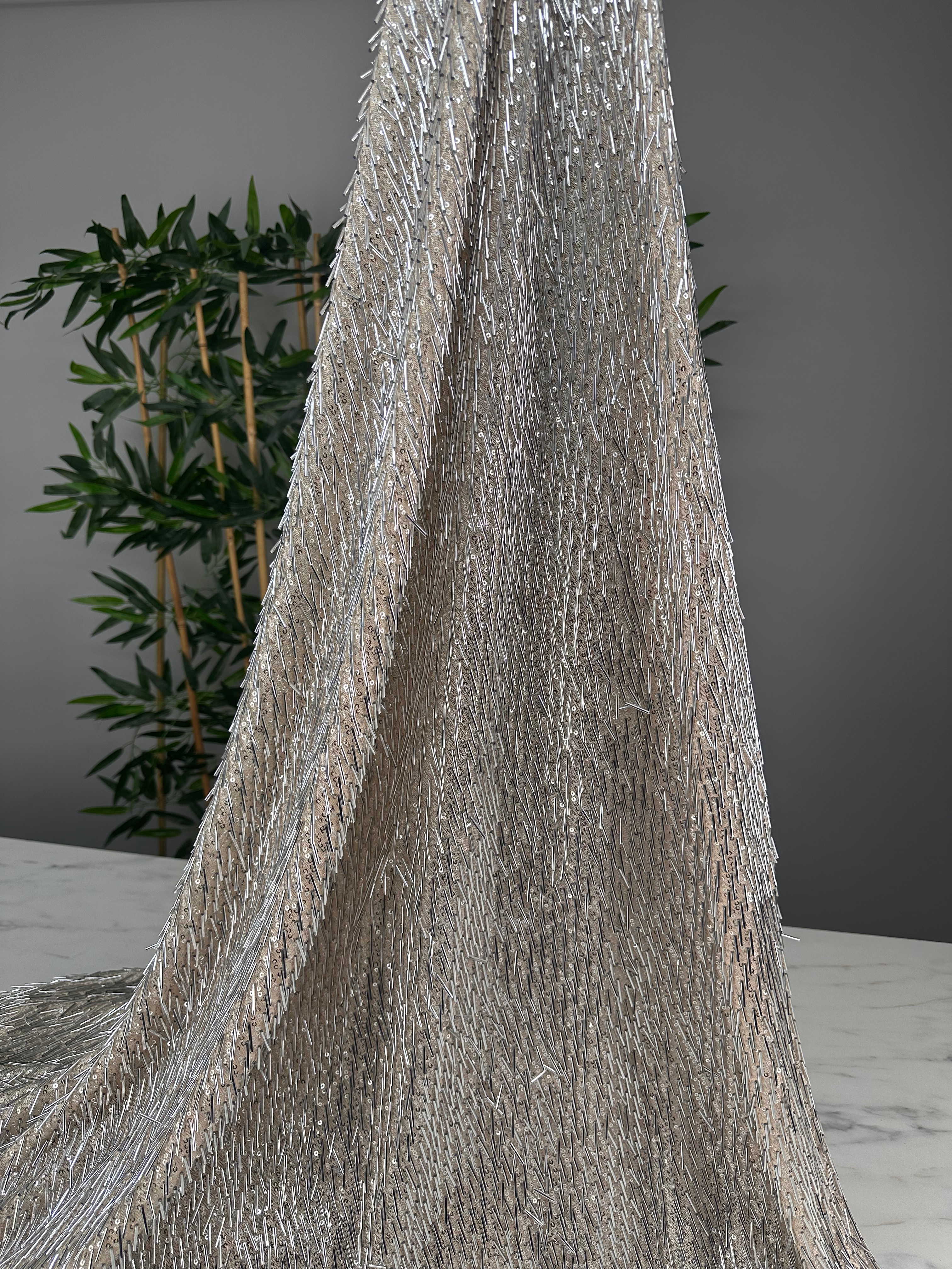 Fantazi ürün Krem Renk Pul Boru İşleme Abiye Elbise Şalvar Bluz