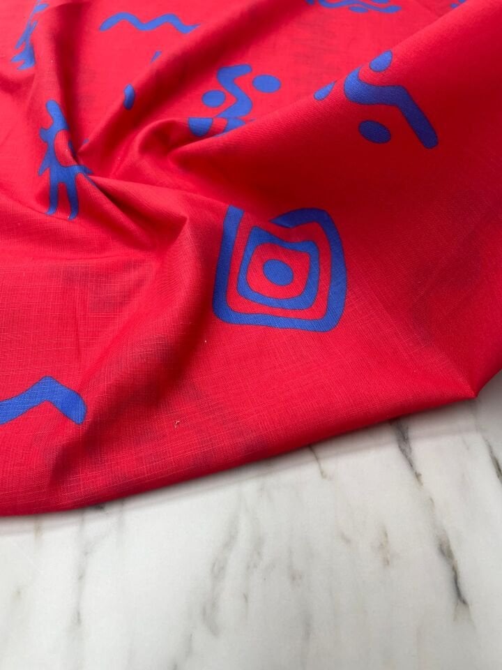 Kırmızı İkat Desen Elbiselik Keten Kumaş