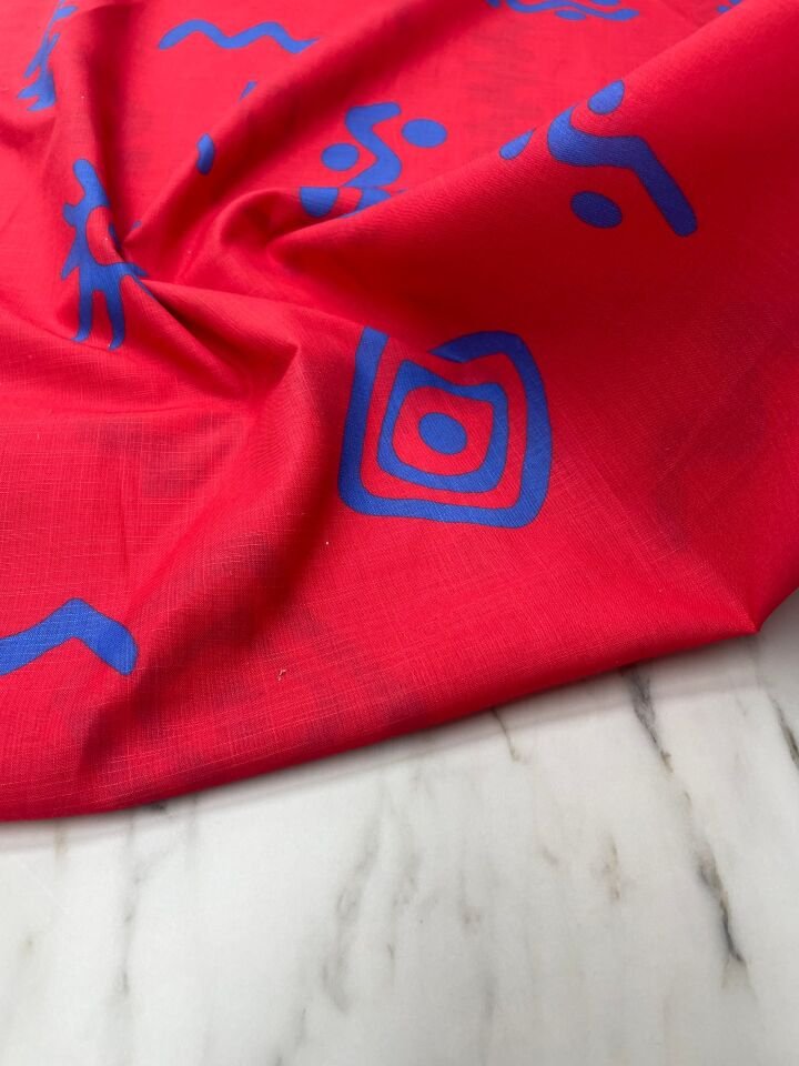 Kırmızı İkat Desen Elbiselik Keten Kumaş