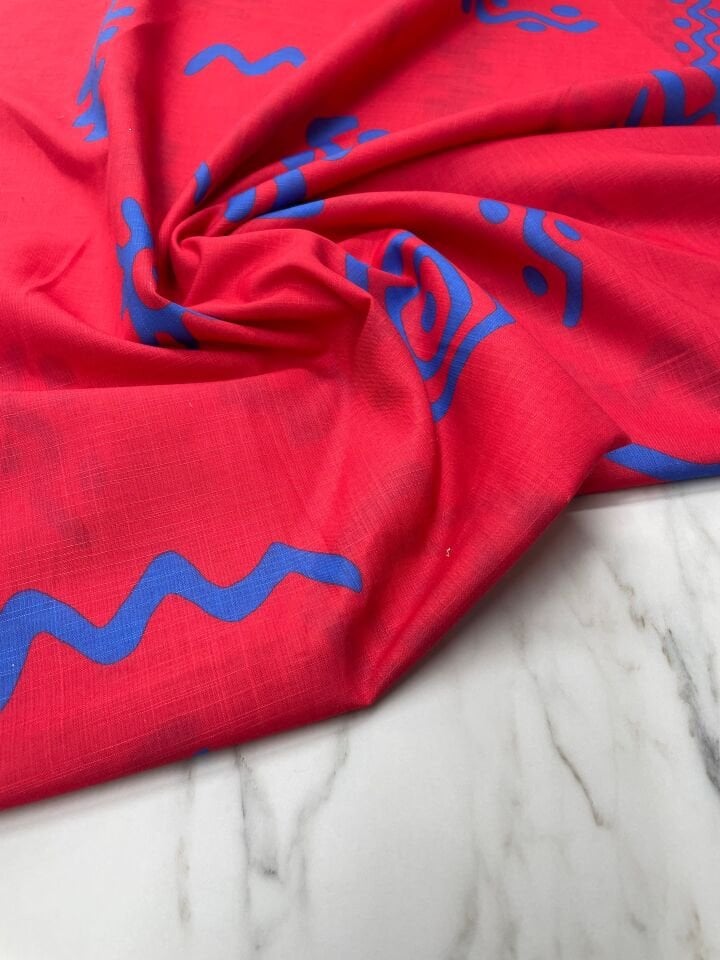 Kırmızı İkat Desen Elbiselik Keten Kumaş