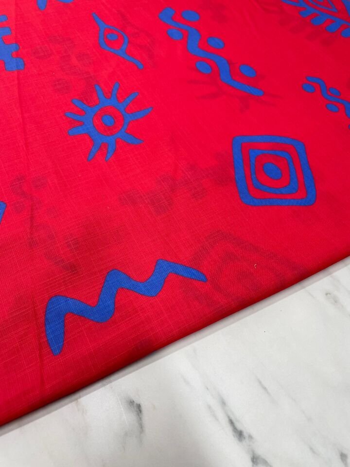 Kırmızı İkat Desen Elbiselik Keten Kumaş