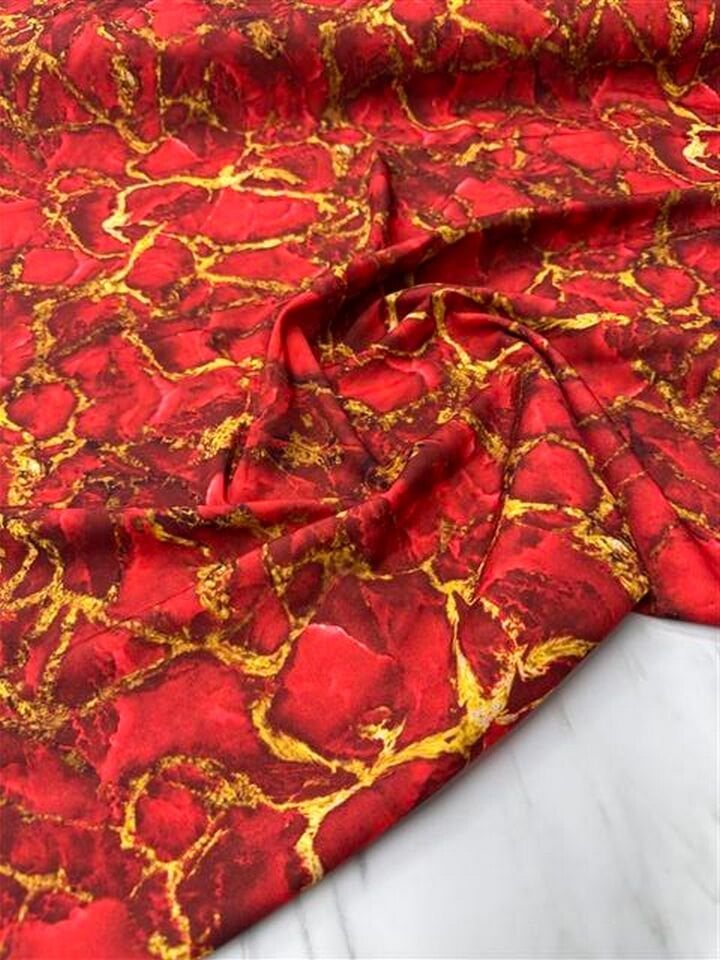 Kırmızı Mermer Desen Elbiselik Gömleklik Krep Kumaş