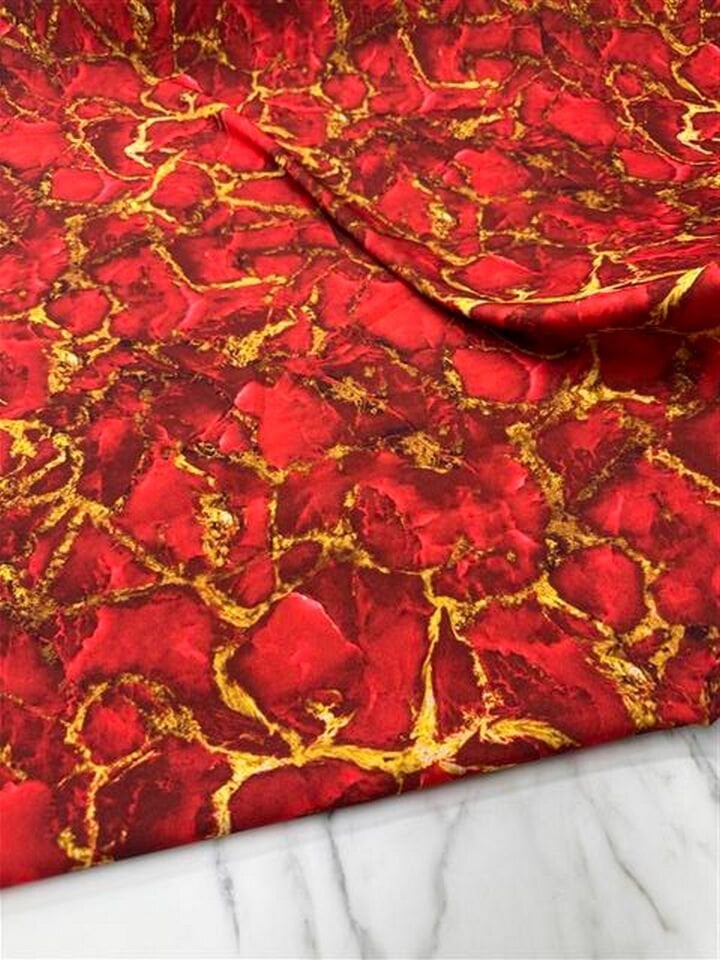Kırmızı Mermer Desen Elbiselik Gömleklik Krep Kumaş