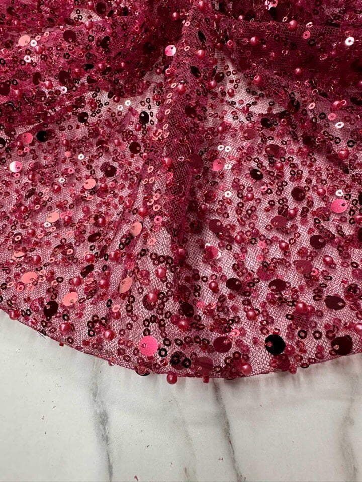 Fantazi ürün Bordo Renk Pul Boncuk İşleme Abiye Elbise Şalvar