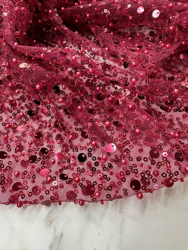 Fantazi ürün Bordo Renk Pul Boncuk İşleme Abiye Elbise Şalvar