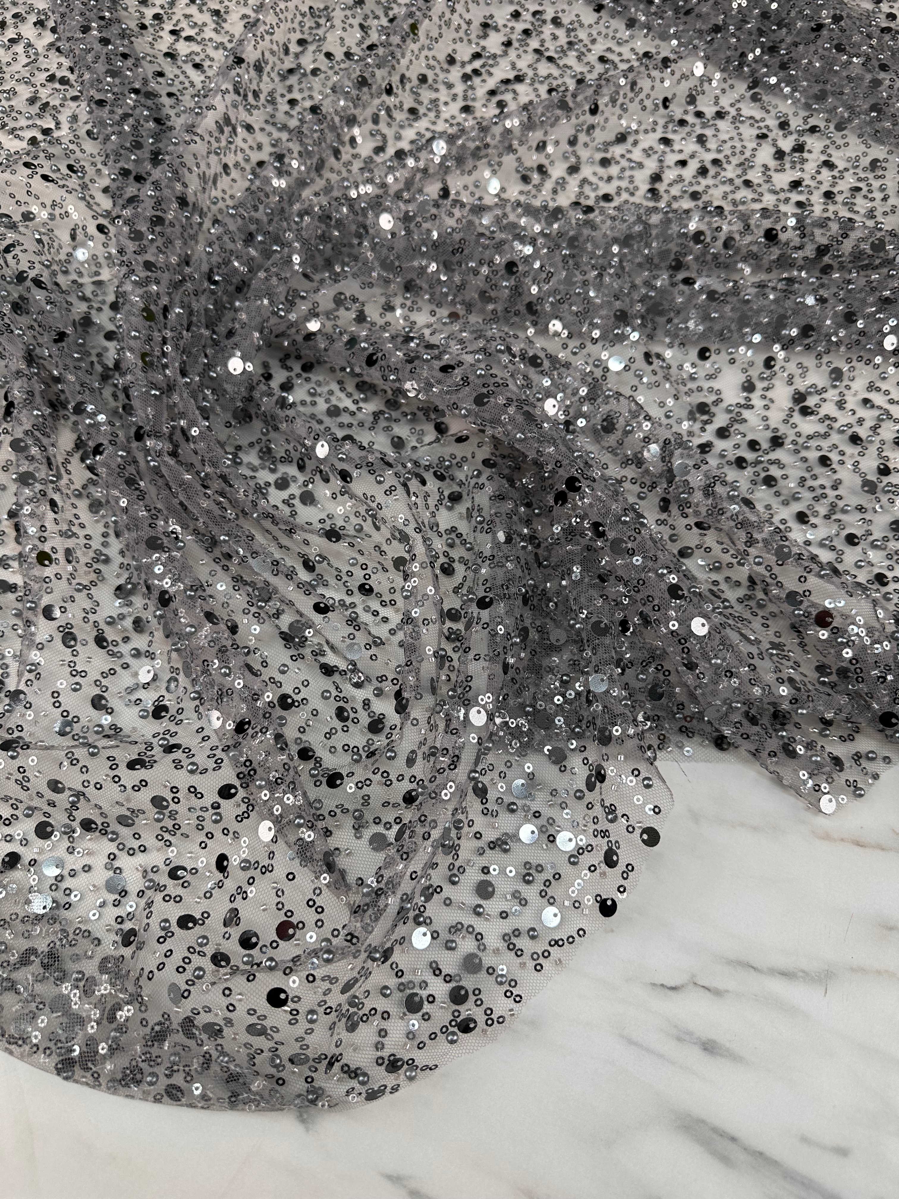 Fantazi Ürün Füme Renk Pul Boncuk İşleme Tül Abiye Elbise Şalvar