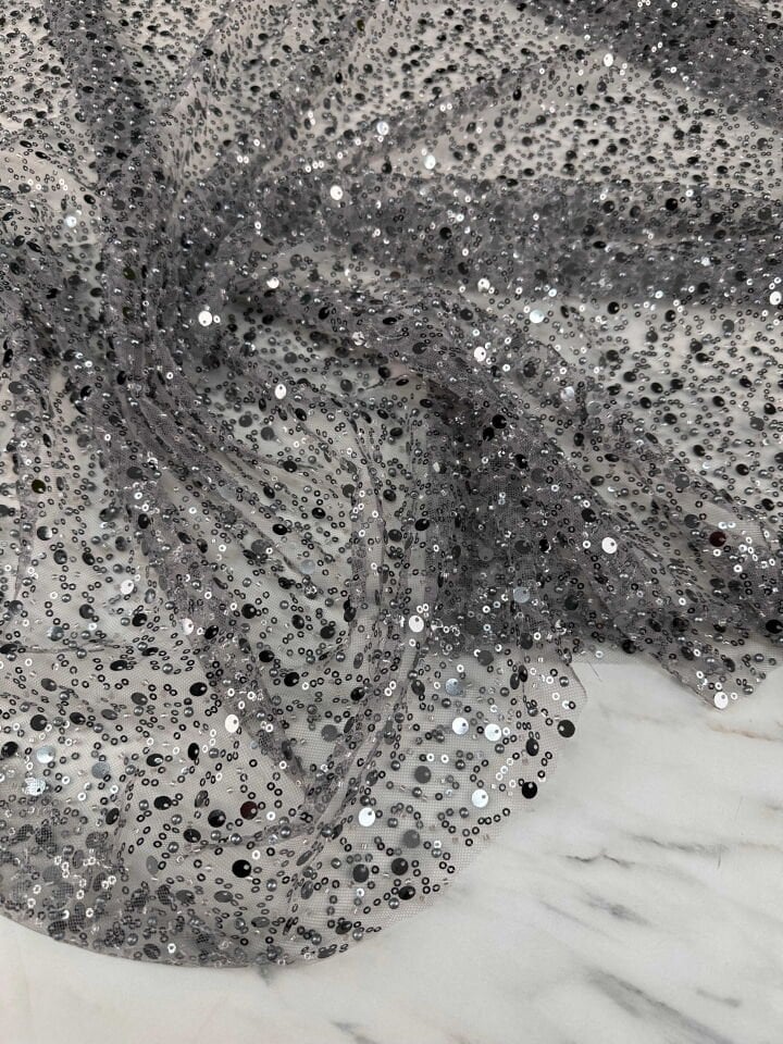 Fantazi Ürün Füme Renk Pul Boncuk İşleme Tül Abiye Elbise Şalvar