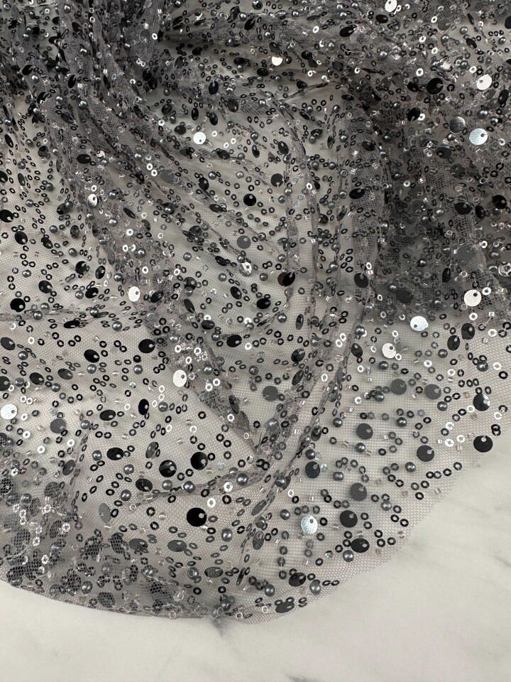 Fantazi Ürün Füme Renk Pul Boncuk İşleme Tül Abiye Elbise Şalvar