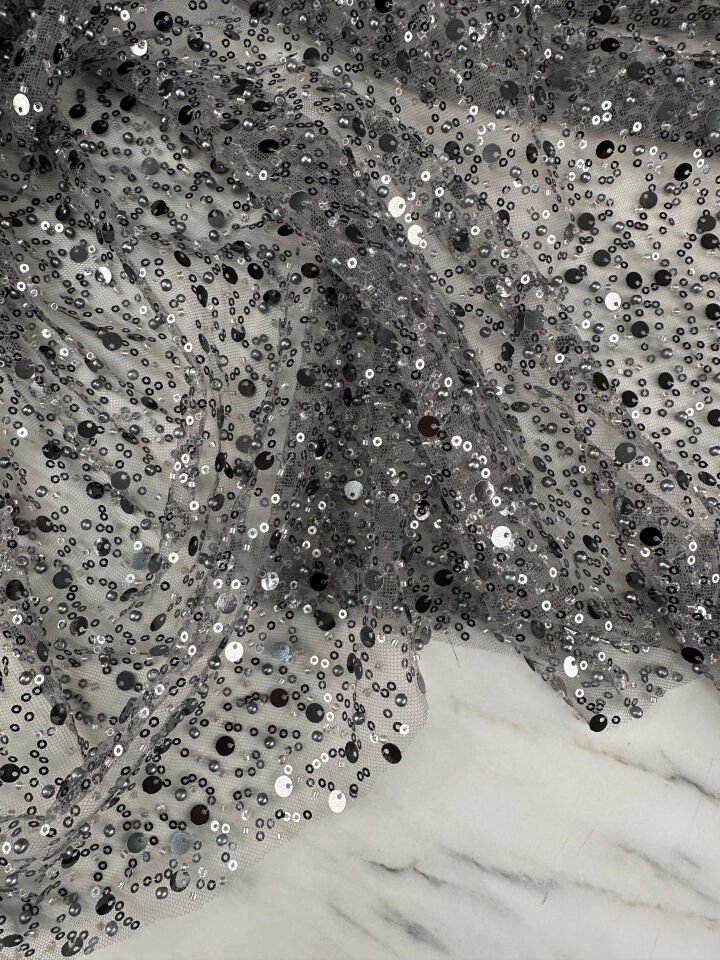 Fantazi Ürün Füme Renk Pul Boncuk İşleme Tül Abiye Elbise Şalvar