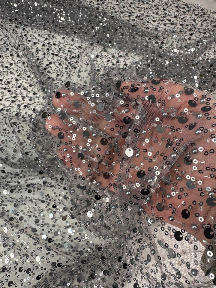 Fantazi Ürün Füme Renk Pul Boncuk İşleme Tül Abiye Elbise Şalvar