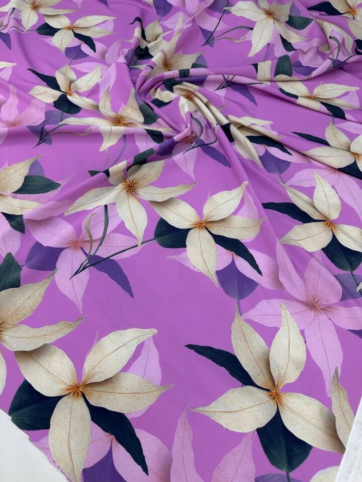 Pembe Lilyum Desen Elbiselik Gömleklik Krep Kumaş