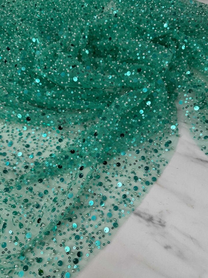 Fantazi Ürün Yeşil Renk Tül Üstü Pul Boncuk İşleme Abiye Elbise Şalvar