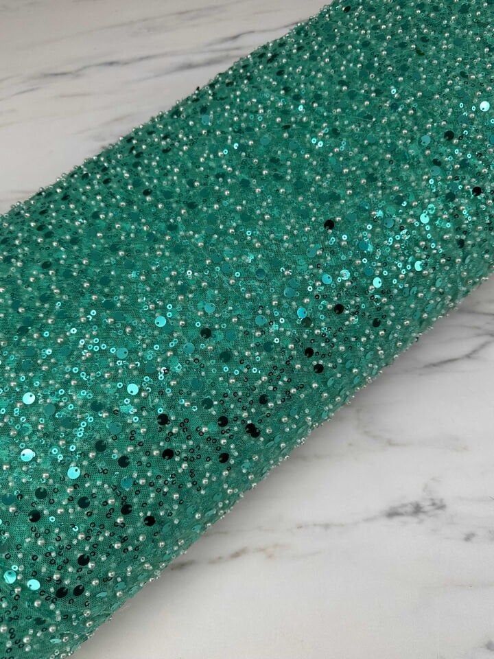 Fantazi Ürün Yeşil Renk Tül Üstü Pul Boncuk İşleme Abiye Elbise Şalvar