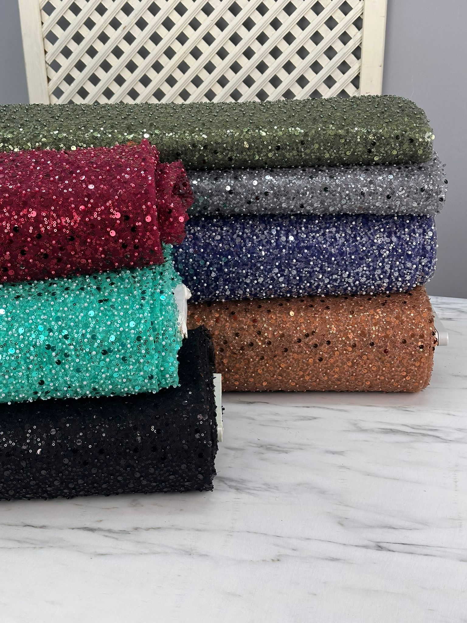 Fantazi Ürün Yeşil Renk Tül Üstü Pul Boncuk İşleme Abiye Elbise Şalvar