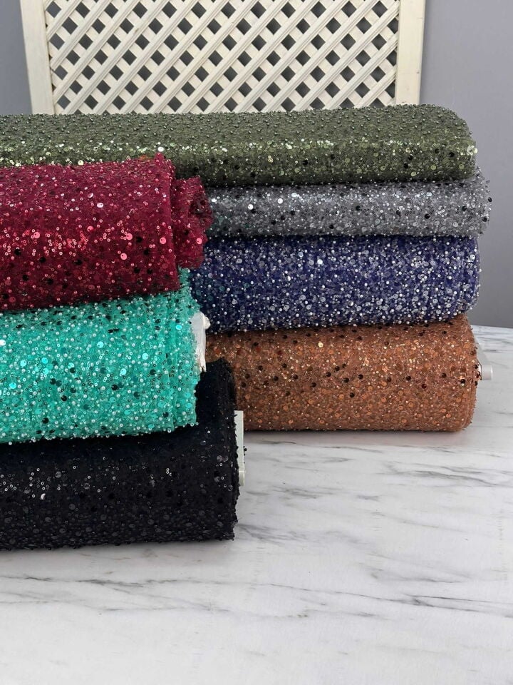 Fantazi Ürün Yeşil Renk Tül Üstü Pul Boncuk İşleme Abiye Elbise Şalvar