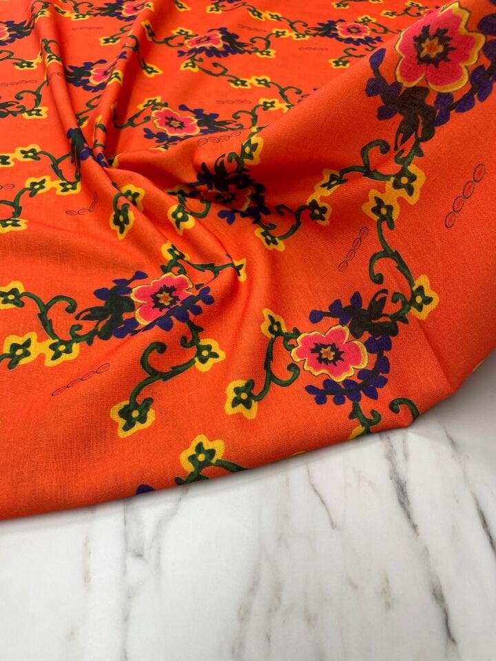 Turuncu Milas Gülü Elbiselik Keten Kumaş
