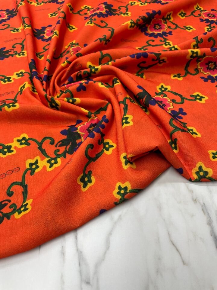 Turuncu Milas Gülü Elbiselik Keten Kumaş