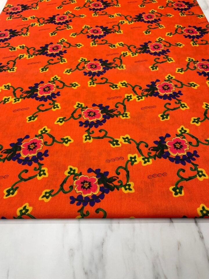 Turuncu Milas Gülü Elbiselik Keten Kumaş