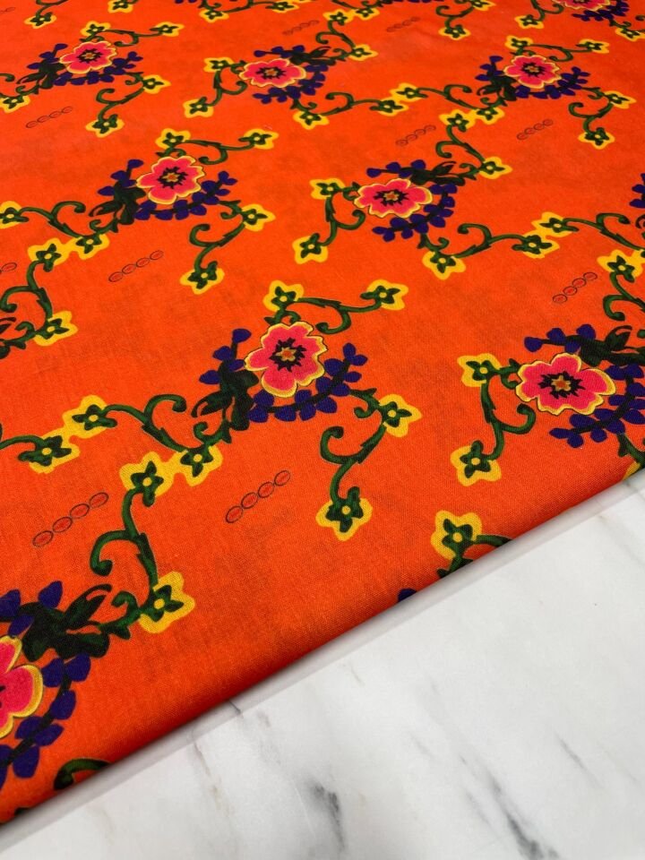 Turuncu Milas Gülü Elbiselik Keten Kumaş