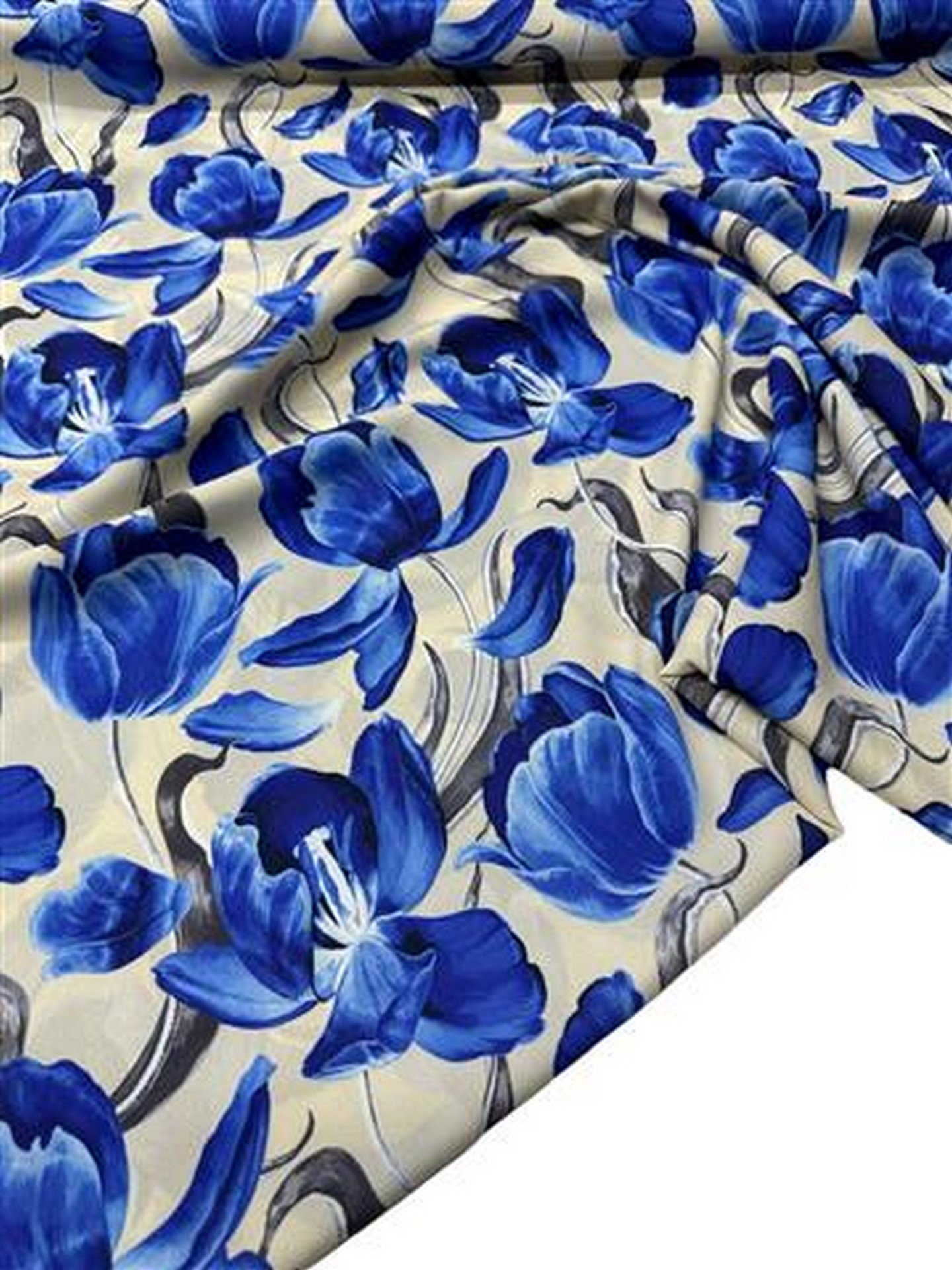 Mavi Çiçek Desen Elbiselik Gömleklik Krep Kumaş