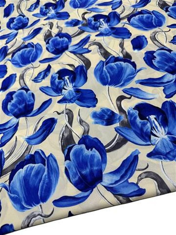 Mavi Çiçek Desen Elbiselik Gömleklik Krep Kumaş