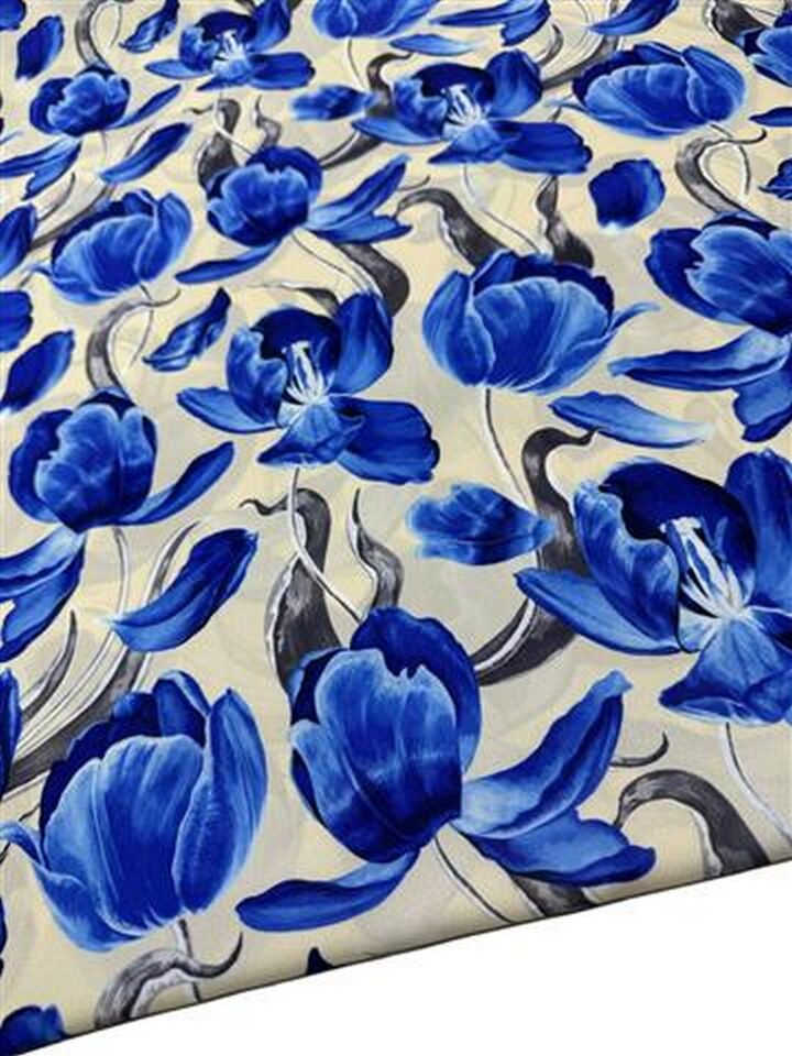 Mavi Çiçek Desen Elbiselik Gömleklik Krep Kumaş